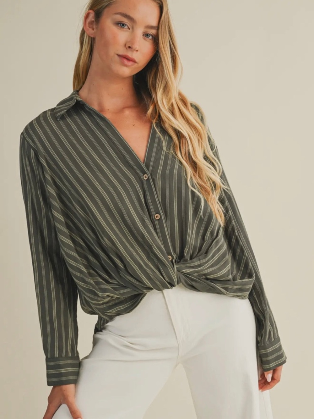 Mustard Seed Olive Green Striped Button-Front Blouse